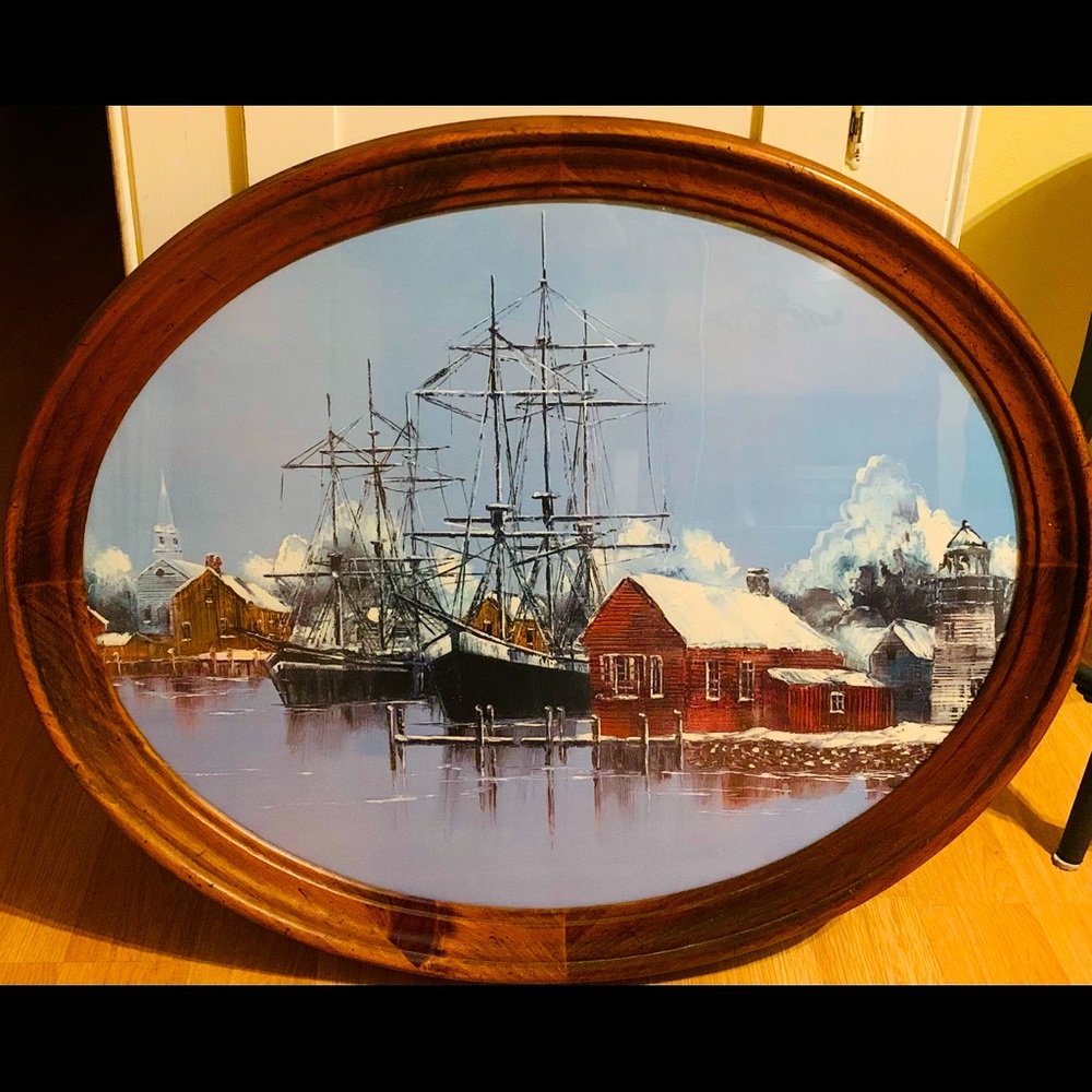 Uttermost vintage harbor scene lithograph in maple frame